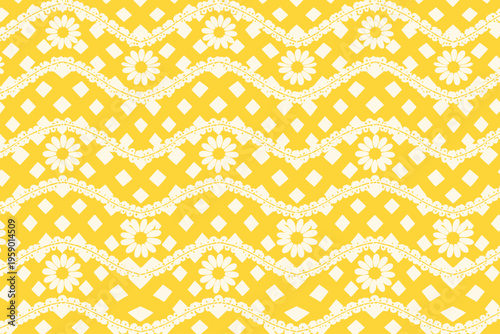Daisy seamless pattern vector with white flowers on yellow gingham background. Cute floral vichy check for summer picnic, kitchen decor, fabric, wallpaper. Bright, stylish, modern doodle