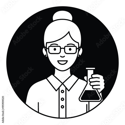 Smiling woman in glasses holding a flask  science and research concept icon