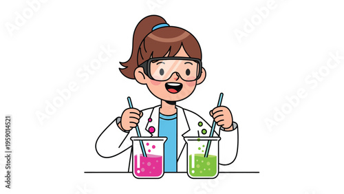 Happy Cartoon Girl Scientist Mixing Colorful Liquids in Beakers. Young female character doing a chemistry experiment.