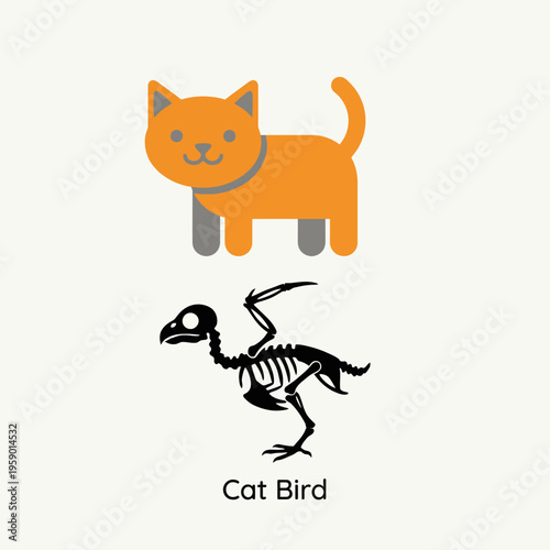 A playful illustration featuring a cute cat and an imaginative cat bird skeleton, combining vibrant colors and whimsical elements that appeal to pet lovers and imaginative minds alike.