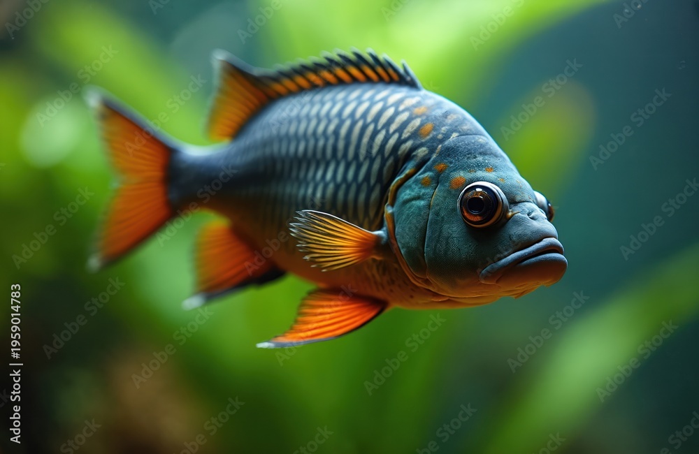 Fototapeta premium Oscar fish swims underwater in aquarium. Its dark scaled body and orange fins are detailed. Green aquatic plants form background. Fish has large eyes and a determined mouth.