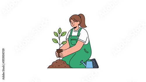 Smiling woman planting a young tree. Concept of gardening, nature conservation, and environmental care.
