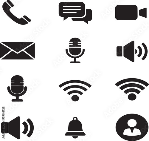A collection of black silhouette communication icons arranged in a simple grid for digital interfaces