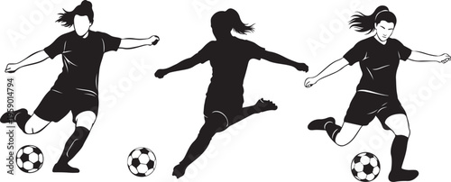 Women soccer player vector silhouettes on white background isolated. Silhouette of a woman kicking soccer ball, vector illustration.