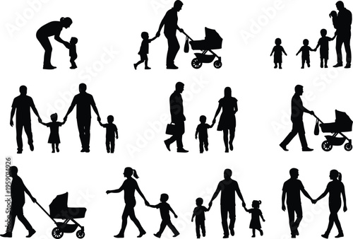 Family silhouettes collection showing parents and children walking, holding hands, stroller, parenting moments, lifestyle concept isolated on white background, human relationship illustration set
