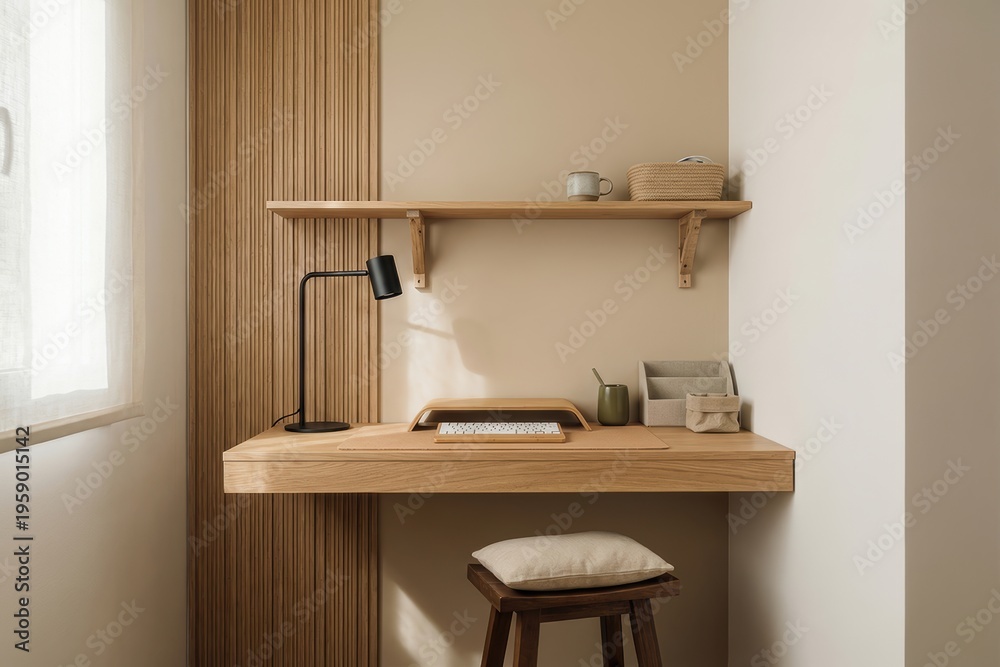 Fototapeta premium Minimalist home office nook with floating oak desk slatted wood panel and black lamp
