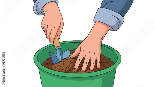 Hands potting soil in green container with trowel. Gardening, planting, and horticultural activity.