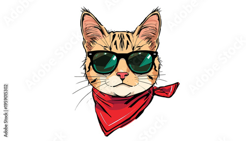 Cat sunglasses bandana minimal brush sketch vector illustration