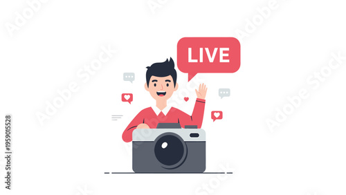 Male content creator live streaming with camera and social media icons. Online video broadcast and vlogging illustration.