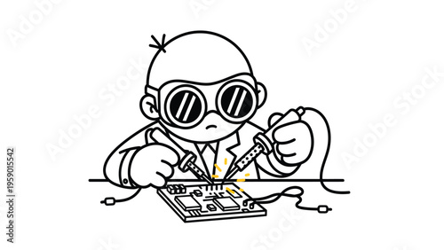 Cartoon Scientist Soldering Circuit Board. Engineer working on electronics assembly with soldering iron, PCB, and safety goggles.