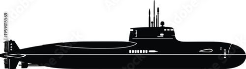 Submarine silhouette with detailed military design, underwater naval vessel illustration, ocean defense technology concept, black isolated shape on white background for marine graphics