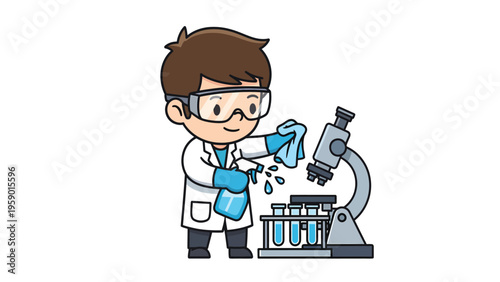 Cute Cartoon Scientist Cleaning Lab Microscope and Test Tubes. Laboratory Maintenance and Safety Concept.