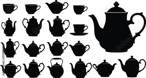 Teapot and teacup silhouette collection isolated on white background, vintage tea set illustration, kitchenware design elements, classic ceramic pots, beverage serving concept