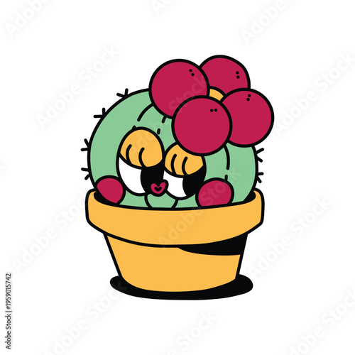 A hand drawn character of a smiling cactus in a pot with Art