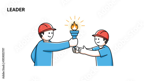 Leadership succession and knowledge transfer concept. Worker passing lit torch to colleague, symbolizing mentorship and guidance.