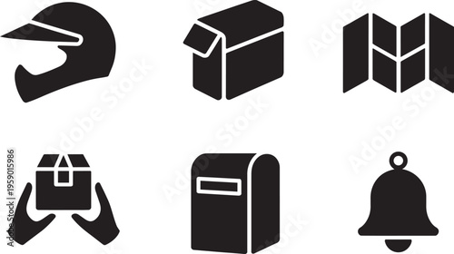 Delivery Service Icons Featuring Helmet, Package, Map, Mailbox, And Bell