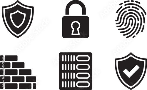 Security Icons: Shield, Padlock, Fingerprint, Wall, Keypad And Checkmark