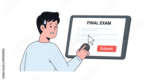 Anxious student taking online final exam, feeling stress and pressure to submit test digitally. Academic pressure concept.