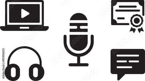 Set Of Five Icons: Laptop, Microphone, Headphones, Certificate, Speech Bubble