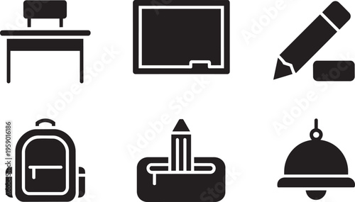 Set Of School Icons With Desk, Chalkboard, Pencil, Eraser, Backpack, And Bell
