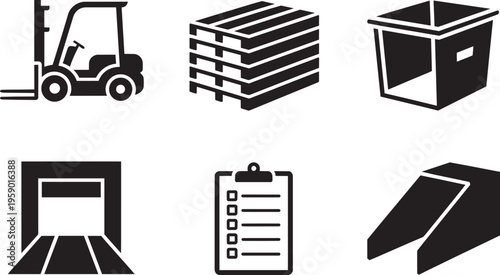 Set Of Six Warehouse And Logistics Icons Including Forklift, Pallets, And Bin