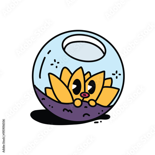 A hand drawn character of a cat in a fishbowl Art