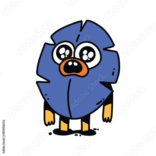 A hand drawn character of a blue creature with big eyes.