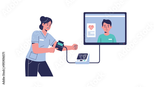 Telemedicine nurse monitoring patient's blood pressure during virtual healthcare consultation. Remote health service and digital medical care.