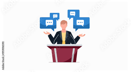 A public speaker stands behind a maroon podium with two microphones and gestures with open hands while surrounded by five blue speech bubbles.