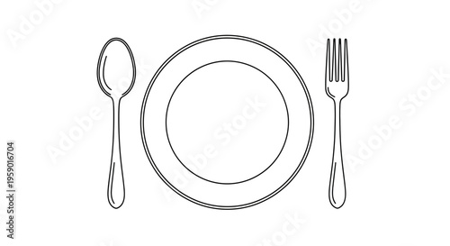 Simple Line Art: Plate, Fork, and Spoon - Minimalist Dining Setup