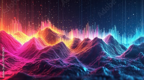 Vibrant digital landscape with glowing mountains and sound wave visualization