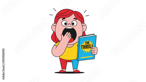 Cartoon girl with red hair, shocked and surprised while reading a thrilling book, hand covering her mouth