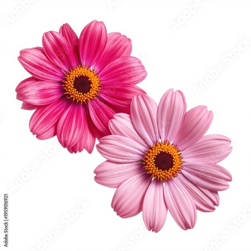 Two vibrant pink daisy flowers with dark centers isolated on a clean white background for design
