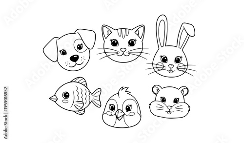 Cute animal face outline set with dog cat rabbit fish bird and hamster in playful hand drawn style