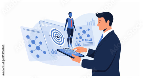 A businessman in a dark suit uses a digital tablet to interact with floating holographic displays showing scientific data and a robot figure.