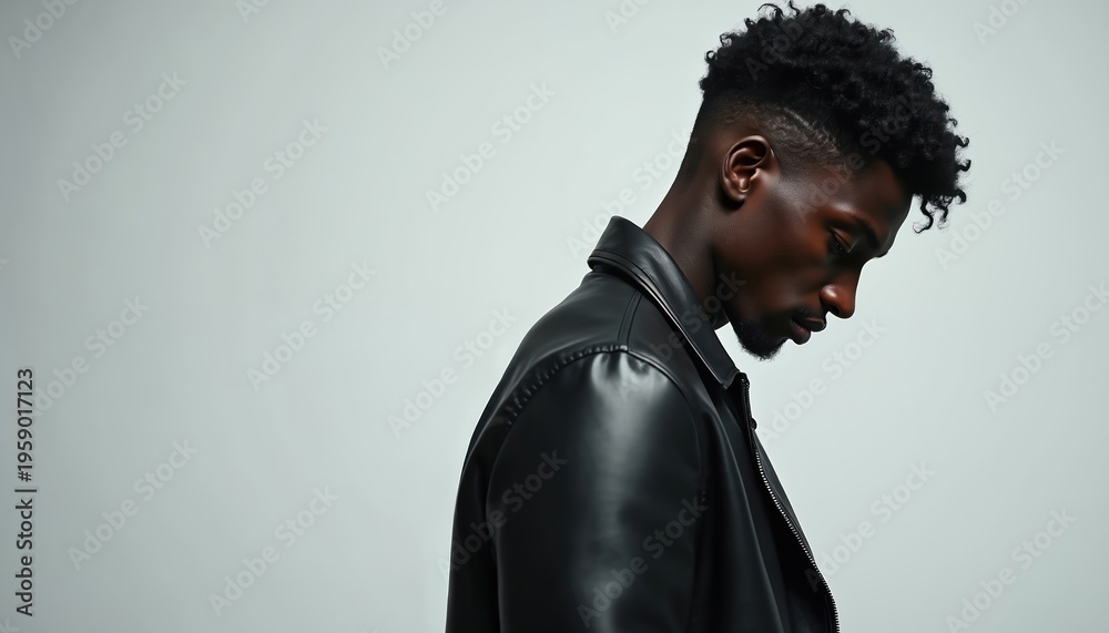 Obraz premium Young Black man in leather jacket profile view. He has short curly hair and looks down thoughtfully in studio. Moody portrait of thoughtful male model.