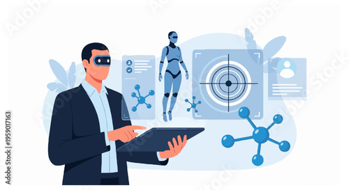 A man wearing a black visor and a dark business suit operates a digital tablet to control floating holographic screens with scientific data.