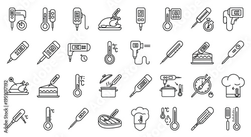 A comprehensive vector graphic illustration featuring a diverse set of thermometers and cooking temperature measurement devices, perfect for culinary and scientific design projects.