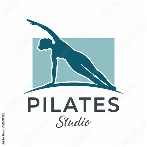 A sleek and elegant logo for a Pilates studio, showcasing a person performing an exercise that represents flexibility, strength, and wellness in a calming color palette.
