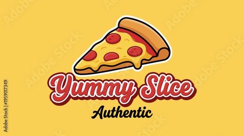 A playful and colorful logo design for a pizza brand, featuring a delicious slice of pizza that captures the essence of comfort food with a vibrant, inviting aesthetic.