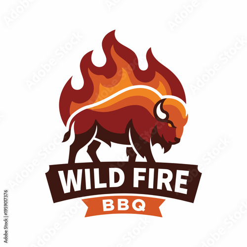 The Wild Fire BBQ logo features a distinctive buffalo engulfed in flames, symbolizing bold flavors and a smoky, delicious BBQ experience with warm colors.