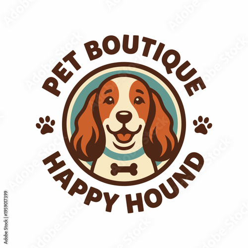 The Happy Hound logo features a cheerful cartoon dog, symbolizing joy and quality pet care, representing a warm environment for beloved pets and their owners.