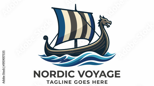 This captivating logo features a Viking ship on waves, representing exploration, adventure, and Nordic travels, designed to inspire wanderlust and curiosity about Nordic cultures.