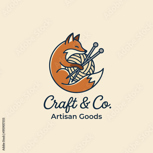 A charming logo depicting a fox with knitting needles and yarn, embodying the spirit of handmade craftsmanship and the warmth of artisan goods for a creative marketplace.