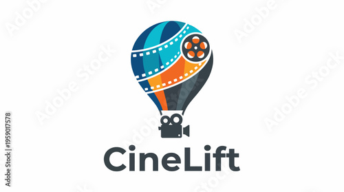 The CineLift logo combines a colorful hot air balloon and film reel, representing creativity and excitement in the film industry, showcasing a unique blend of fun and innovation.