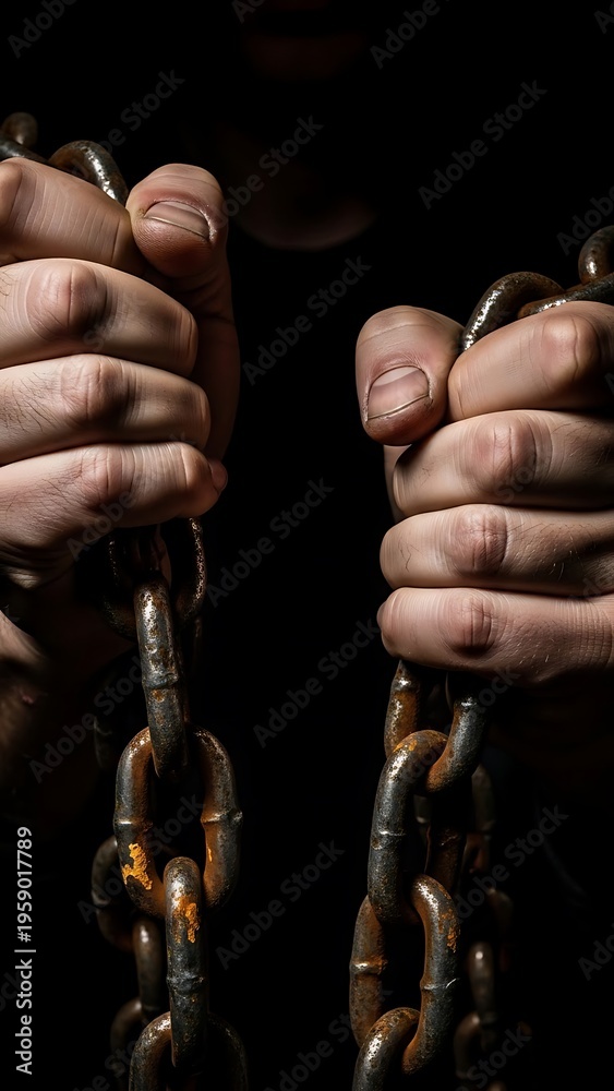 Fototapeta premium Close up of hands holding heavy chains in darkness.