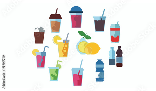 Colorful flat beverage icons set with soda coffee bubble tea juice and water in vibrant minimal style