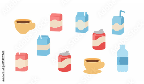 Cute cartoon drink and beverage icon set with friendly coffee juice milk and soda characters for kids design