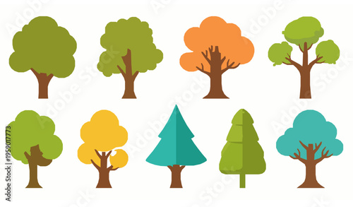 Cute cartoon flat tree icon set with colorful playful nature elements for kids eco and garden design