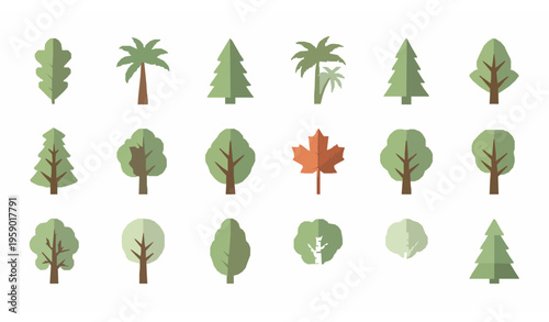 Flat tree icon collection with modern minimal nature elements for eco design and healthy lifestyle concepts